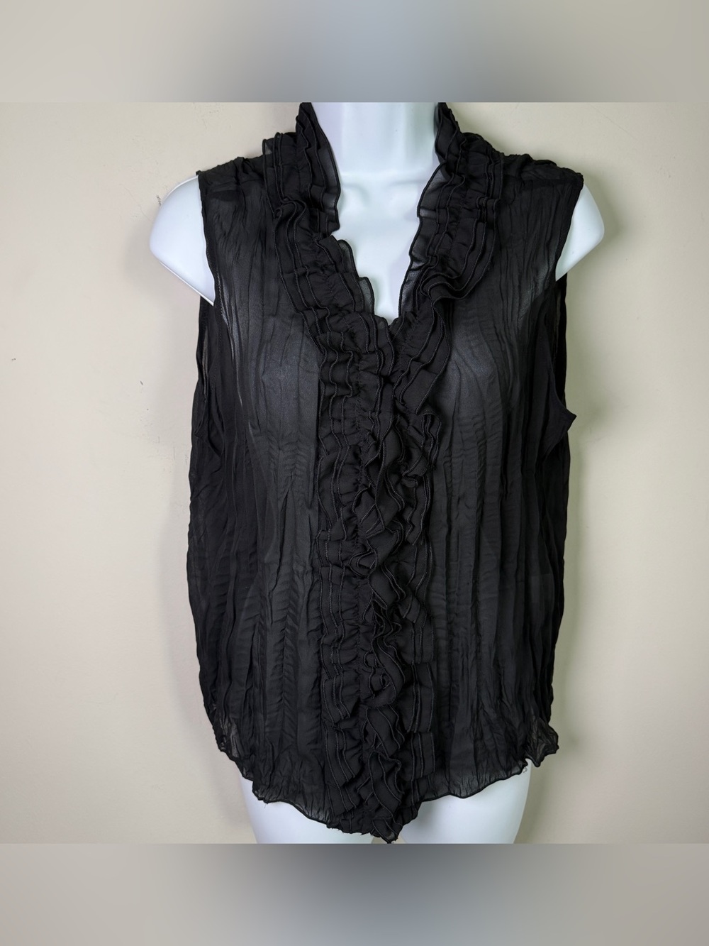 Jaipur Black Sheer Crinkle Ruffle Dark Academia Whimsigoth Sleeveless Top Size L